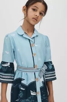 Льняное платье-хэтти с расклешенными рукавами Reiss, синий