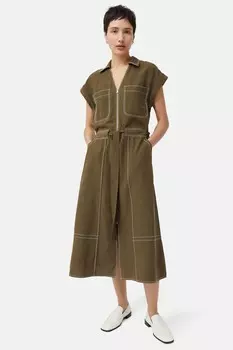 Льняное платье из лиоцелла с декоративной строчкой Jigsaw, зеленый