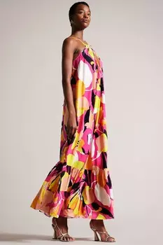 Льняное платье макси на бретелях от ikella с плиссировкой Ted Baker, розовый