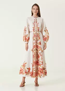 Льняное платье макси оранжевого цвета с цветочным принтом Zimmermann