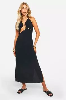Льняное платье макси с вырезами и бретелями boohoo, черный