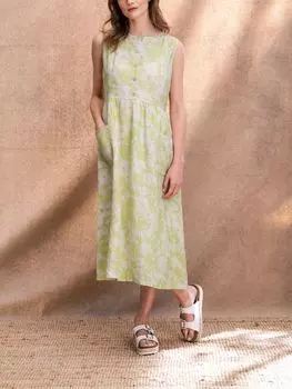 Льняное платье-миди без рукавов с цветочным принтом Celtic & Co., зеленое