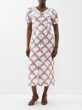 Льняное платье миди blanca с принтом Saloni, бежевый