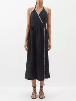 Льняное платье миди jacqueline с v-образным вырезом и потертыми краями Three Graces London, черный