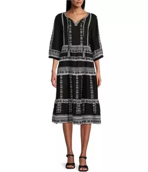 Льняное платье миди John Mark с круглым вырезом и рукавами 3/4, вышитыми кисточками и завязкой, черный