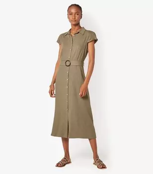 Льняное платье миди на пуговицах абрикосового и оливкового цвета с поясом спереди Apricot, оливковый