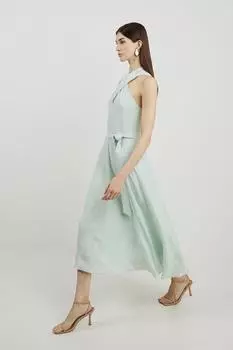 Льняное платье миди премиум-класса с воротником-халтер и пышной юбкой Karen Millen, зеленый