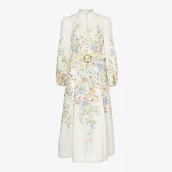 Льняное платье миди с цветочным принтом и пышными рукавами Zimmermann, бежевый