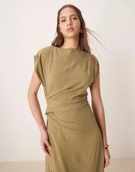 Льняное платье миди с открытой спиной и драпировкой на талии цвета хаки от ASOS DESIGN