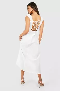 Льняное платье миди с разрезом boohoo, белый