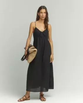 Льняное платье миди с вышивкой на бретелях Tintoretto, черный