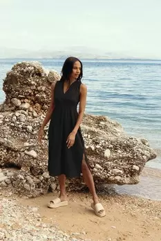 Льняное платье миди со сборками и V-образным вырезом Threadbare, черный