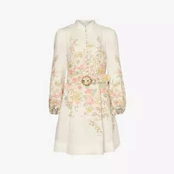 Льняное платье мини с цветочным принтом и пышными рукавами Zimmermann, слоновая кость