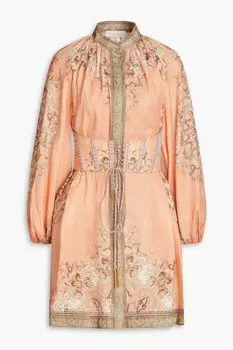 Льняное платье мини с поясом и принтом ZIMMERMANN, персиковый