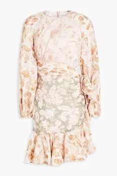 Льняное платье мини с вырезом и цветочным принтом ZIMMERMANN, розовый