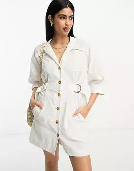 Льняное платье мини с заниженной талией и принтом «летучая мышь» ASOS DESIGN цвета слоновой кости