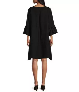 Льняное платье прямого кроя Bryn Walker Phryne с круглым вырезом и рукавами-колокольчиками 3/4, черный