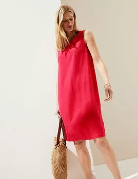 Льняное платье прямого кроя длиной до колена Marks & Spencer, ярко-голубой