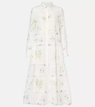 Льняное платье-рубашка с цветочным принтом и ярусным кроем Erdem, Botanical Garden White