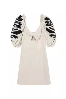 Льняное платье с объемными рукавами и вышивкой, натуральное QUZU