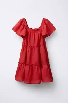 Льняное платье с оборками ZARA, красный
