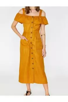 Льняное платье с открытыми плечами Koton, коричневый