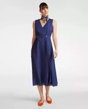 Льняное платье с перекрещивающимся вырезом и эластичной спинкой на талии Elena Mir, синий