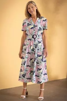 Льняное платье с поясом и принтом листьев Anna Rose, белый