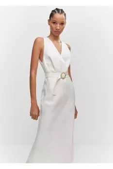 Льняное платье с поясом Mango, белый