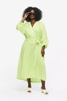 Льняное платье с поясом на завязках H&M, зеленый лайм