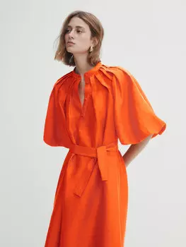 Льняное платье с рукавами-буфами Massimo Dutti, коралловый красный