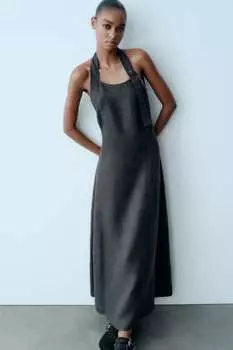 Льняное платье с вырезом ZARA, серый