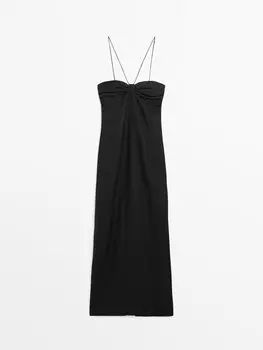 Льняное платье с завязанным вырезом Massimo Dutti, черный