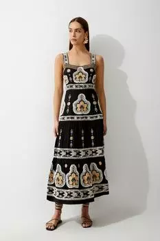 Льняное тканое платье макси с вышивкой и бретелями Karen Millen, черный
