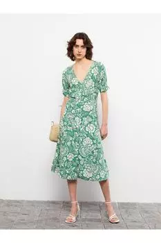Льняное женское платье с V-образным вырезом и цветочным принтом с короткими рукавами LC Waikiki, зеленый