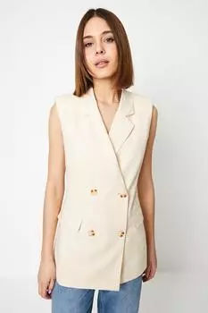 Льняной двубортный пиджак без рукавов Dorothy Perkins, бежевый