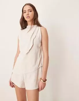Льняной двухслойный комбинезон с завязкой на шее ASOS DESIGN овсяного цвета