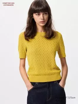Льняной джемпер с круглым вырезом и короткими рукавами Uniqlo, желтый
