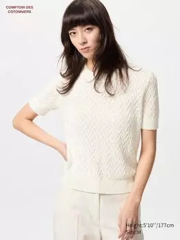 Льняной джемпер с круглым вырезом и короткими рукавами Uniqlo, белый