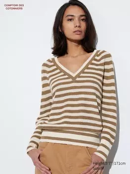 Льняной джемпер с v-образным вырезом Uniqlo, бежевый