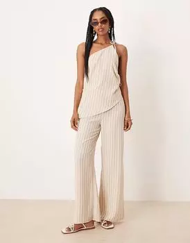 Льняной комбинезон ASOS DESIGN с асимметричными завязками в полоску цвета камня