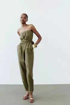 Льняной комбинезон без бретелек с поясом ZARA, хаки