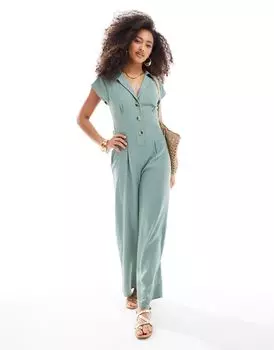 Льняной комбинезон цвета хаки с воротником и пуговицами ASOS DESIGN