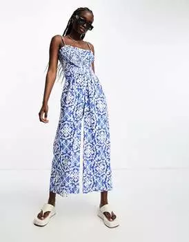 Льняной комбинезон с фарфоровым принтом и лифом и поясом ASOS DESIGN
