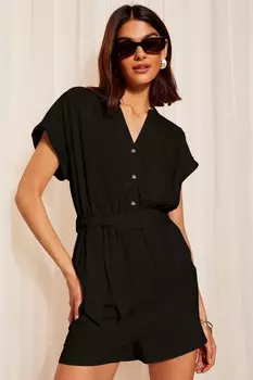Льняной комбинезон с короткими рукавами и поясом Friends Like These, черный