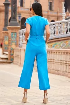 Льняной комбинезон с поясом и декоративными пуговицами Sosandar, синий