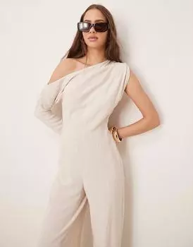 Льняной комбинезон с приспущенными плечами ASOS DESIGN овсяного цвета