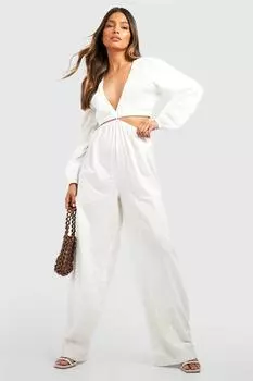 Льняной комбинезон с широкими штанинами Boohoo, слоновая кость
