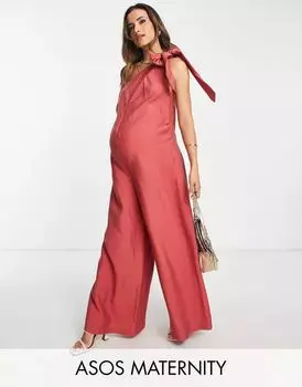 Льняной комбинезон с завязывающейся бретелькой на одно плечо ASOS Maternity кирпично-красного цвета