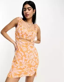 Льняной мини-сарафан ASOS DESIGN со сборками на груди и вырезами с тропическим абстрактным принтом